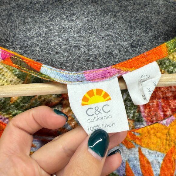 C&C California Blouse Women L Large Orange Floral Short Sleeve Linen Casual - Picture 3 of 9